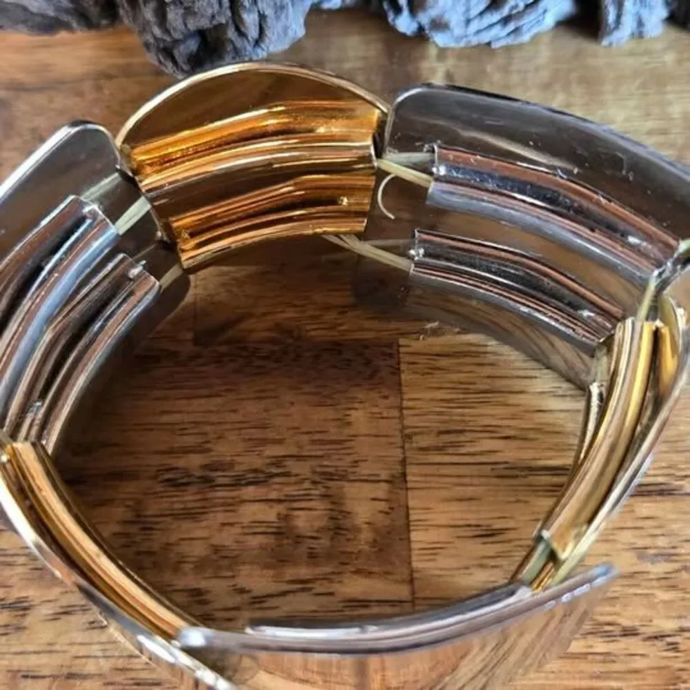 Stretch Bracelet Gold & Silver Tone Geometric Wide Statement Bracelet